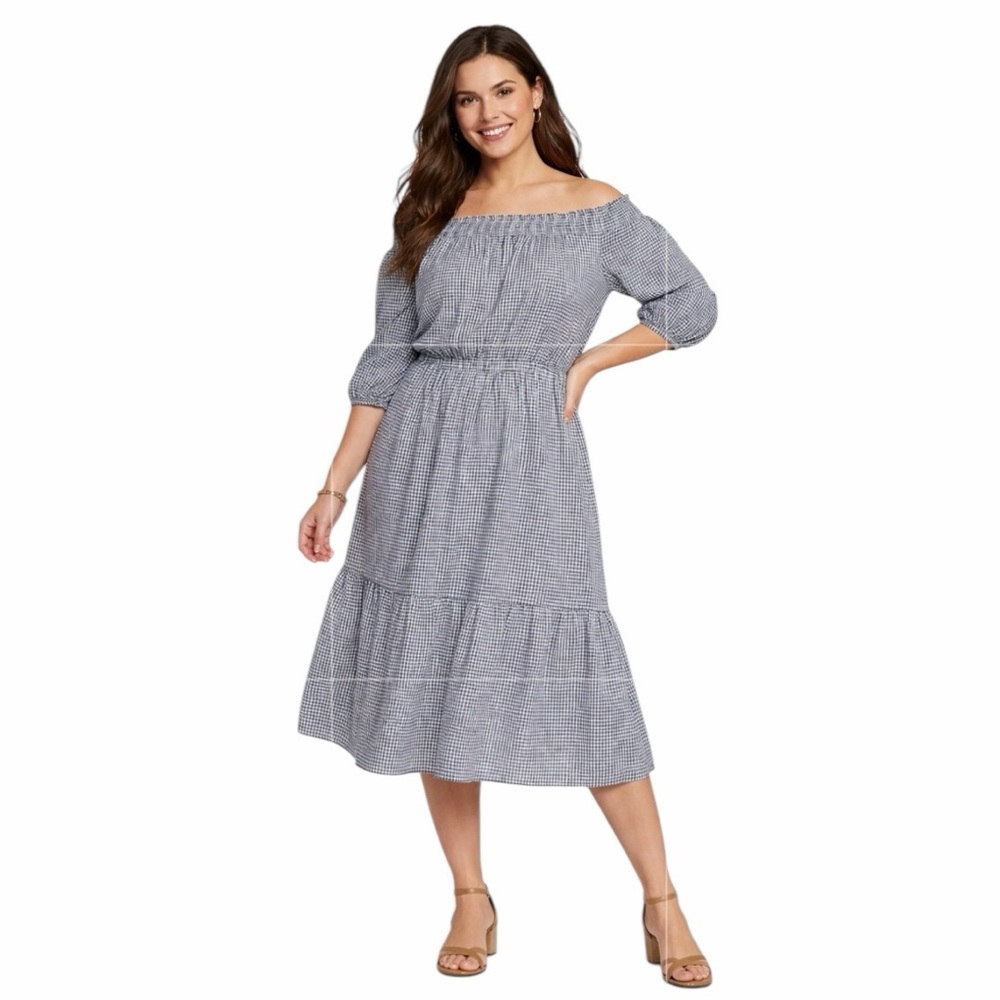 Old Navy Blue and White Gingham Off-Shoulder Midi Dress